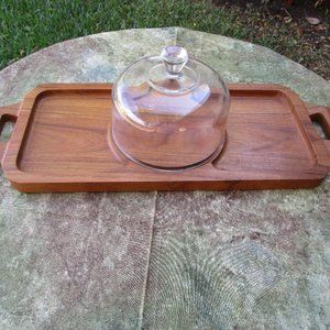 Vintage MCM Charcuterie Board CHEESE TRAY WITH GLASS DOME TEAK